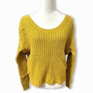 Kaisely Sweater Long Sleeve Cropped Open Back Waffle Knit Texture Mustard Small